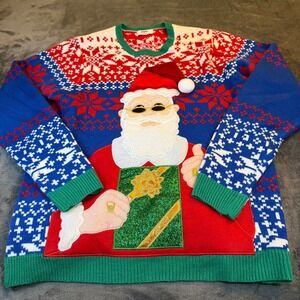 Holiday Time Ugly Christmas Sweater Mens XL Santa Claus Gift Reindeer Snowflakes